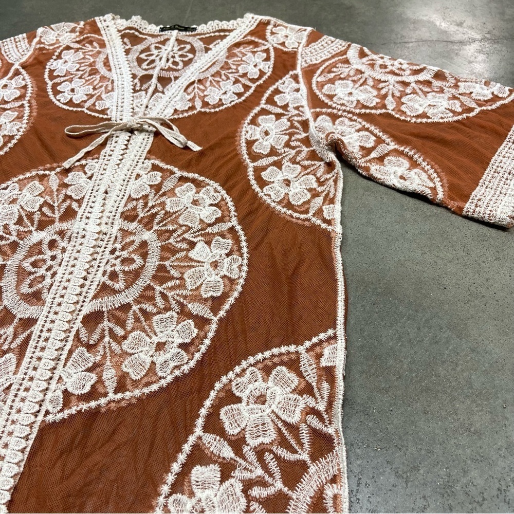 Ana & Rose Floral Copper Sheer Lace Open Front Kimono Duster Cardigan Boho - Picture 5 of 11